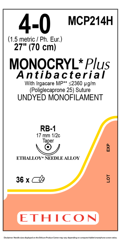 MONOCRYL® Plus Antibacterial Absorbable Sutures Undyed 4-0 70cm NB-1 17mm Box/36