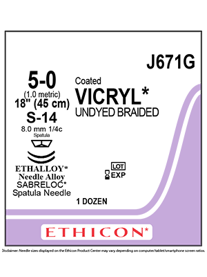 Coated VICRYL® Absorbable Sutures Undyed 5-0 45cm S-14 8mm - Box/12