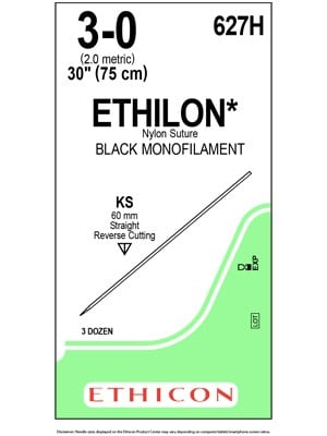 ETHILON* Nylon Sutures Black 75cm 3-0 KS 60mm - Box/36