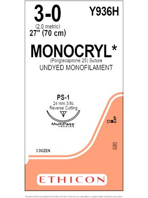 MONOCRYL® Absorbable Sutures Undyed 3-0 70cm PS-1 24mm - Box/36