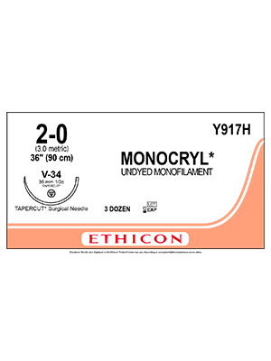 MONOCRYL® Absorbable Sutures Undyed 2-0 90cm V-34 36mm - Box/36