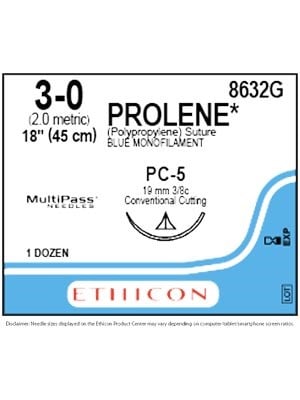 PROLENE* Polypropylene Sutures Blue 45cm 3-0 PC-5 19mm - Box/12