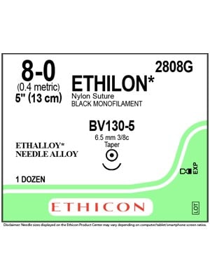 ETHILON* Nylon Sutures Black 13cm 8-0 BV130-5 6.5mm – Box/12