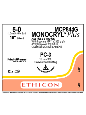 MONOCRYL® Plus Antibacterial Absorbable Sutures Undyed 5-0 45cm PC-3 16mm - Box/12