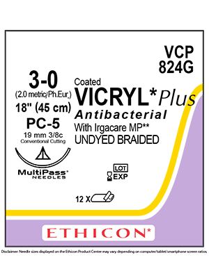 Coated VICRYL* Plus Antibacterial Sutures 45cm 3-0 PC-5 - Box/12