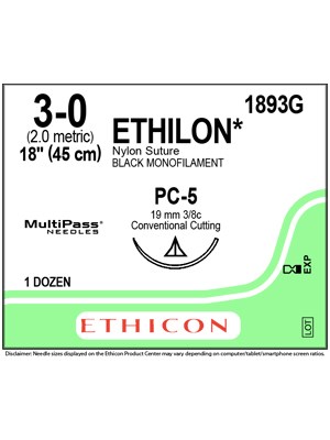 ETHILON* Nylon Sutures Black 45cm 3-0 PC-5 19mm - Box/12