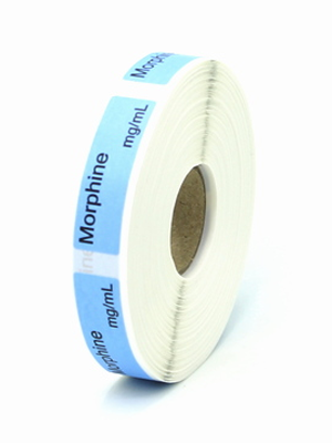 Morphine IV Label Black on Blue 12x40mm - Roll/800