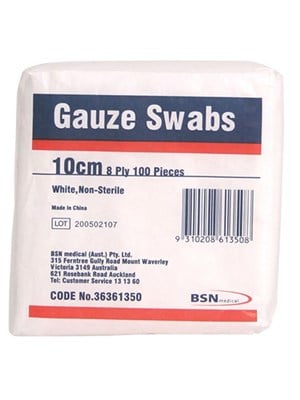 Gauze Swabs, Non-Sterile, White, 10cm x 10cm, 8-Ply – Box/100