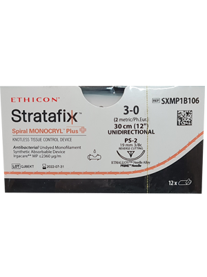 STRATAFIX™ Spiral MONOCRYL® Plus Absorbable Sutures Undyed 3-0 30cm PS-2 19mm - Box/12