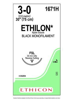 ETHILON* Nylon Sutures Black 75cm 3-0 FSL 30mm – Box/36