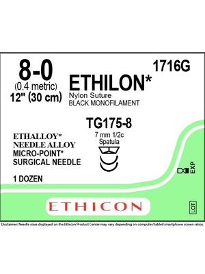 ETHILON* Nylon Sutures Black 30cm 8-0 TG175-8 7mm – Box/12