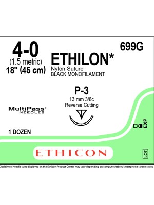 ETHILON* Nylon Sutures Black 45cm 4-0 P-3 13mm – Box/12