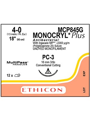 MONOCRYL® Plus Sutures Antibacterial Undyed 45cm 4-0 PC-3 - Box/12