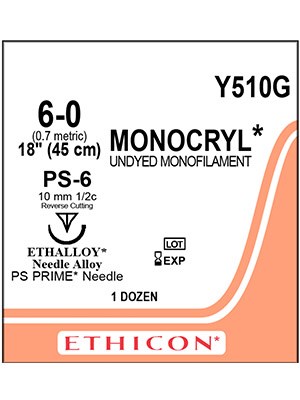 MONOCRYL® Poliglecaprone 25 Suture, Undyed 6-0 45cm PS-6 - Box/12