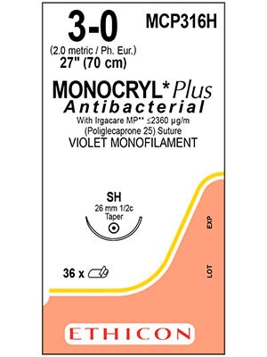 MONOCRYL® Plus Antibacterial Absorbable Sutures Violet 3-0 70CM SH 26mm - Box/12