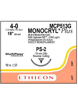 MONOCRYL® Plus Sutures Antibacterial Violet 45cm 4-0 PS-2 - Box/12