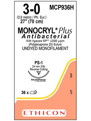 MONOCRYL® Plus Sutures Antibacterial Undyed 70cm 3-0 PS-1 - Box/36